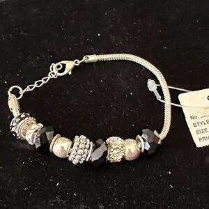 Pandora‑Style Charm Bracelet • Black & Silver Beads • Adjustable  Chain • NWT